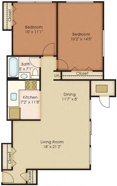 Floor plan for 2 beds, 1 bath, 800 sqft